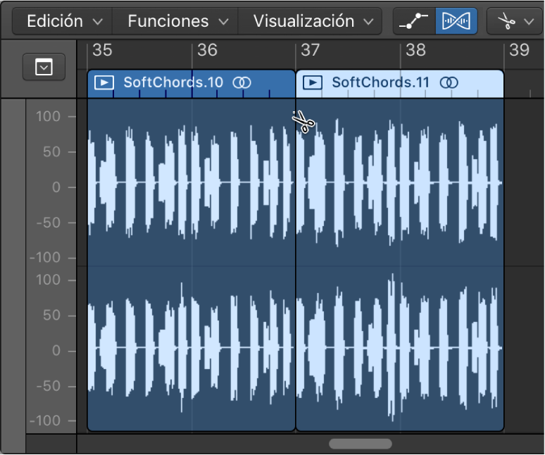 Ilustración. Se está dividiendo un pasaje de audio en el editor de pistas de audio con la herramienta Tijeras.