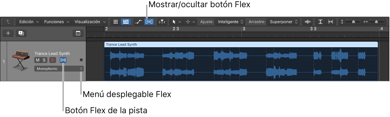 Ilustración. Botón Flex y menú desplegable Flex en una cabecera de pista de audio.