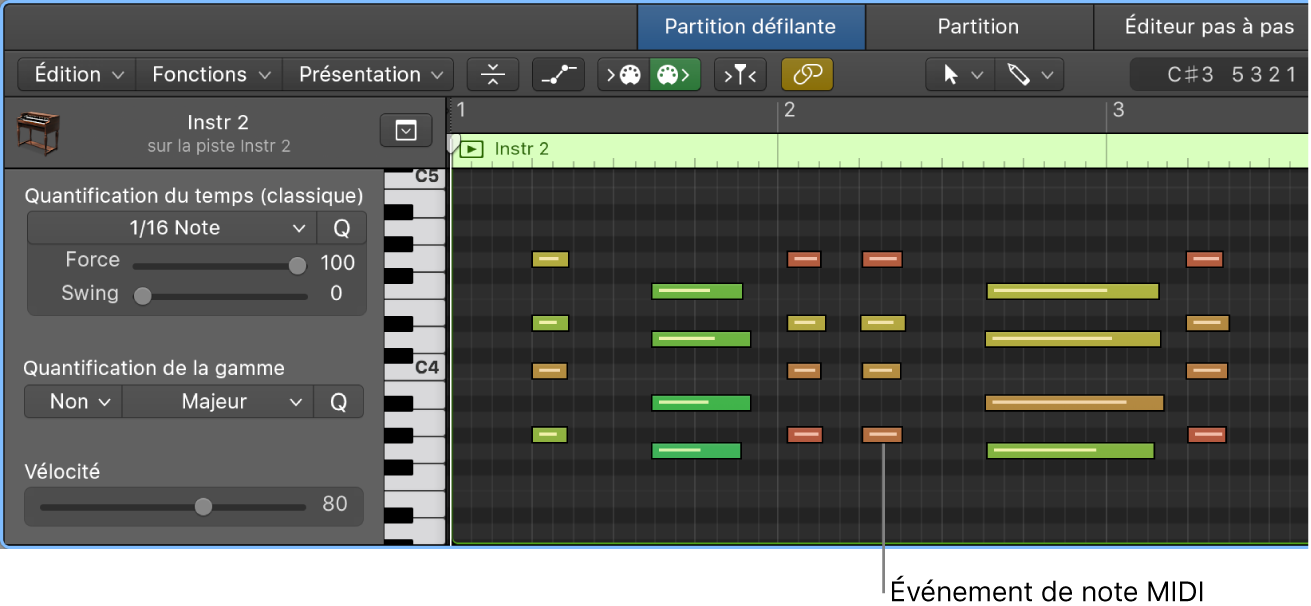 Figure. Éditeur de partition défilante, avec mise en évidence d’un événement de note MIDI.