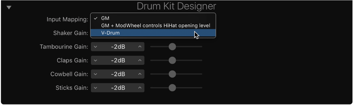 Figure. Options Table d’entrée dans Drum Kit Designer.
