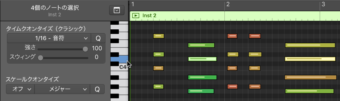 図。ピアノ・ロール・エディタの左端にあるキーボードをクリックすることで、同じピッチのノートを選択しています。