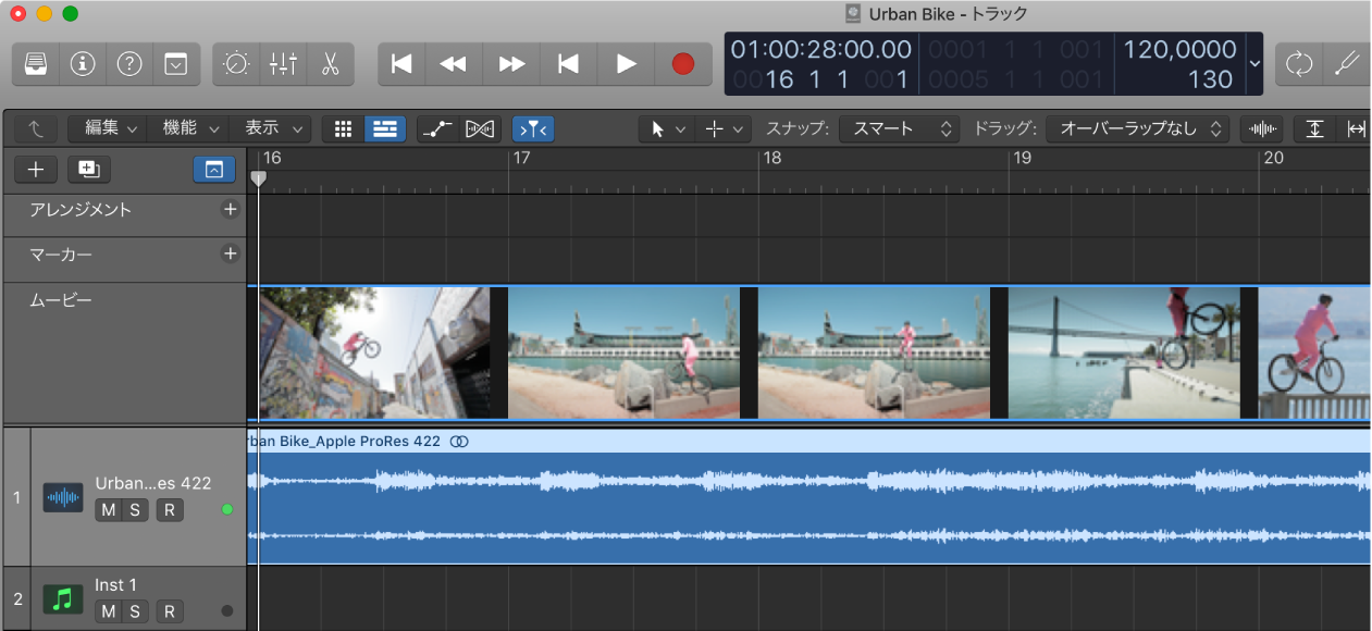 図。ムービーのフレームがサムネールとして表示されている「ビデオ」トラック。