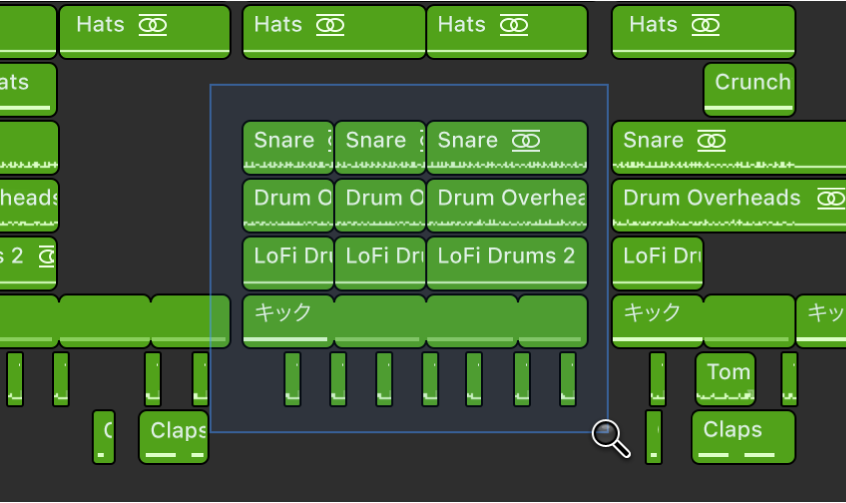 図。拡大/縮小ツールでリージョンが選択されているアレンジ領域。