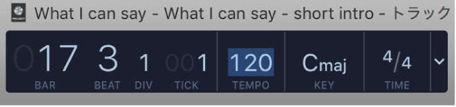 図。「テンポ」フィールドが選択されていて、新しいテンポ値を入力できる状態のLCD。