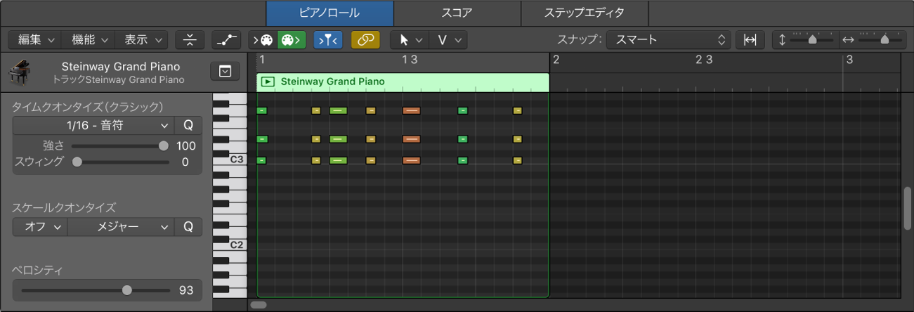 図。MIDIリージョンがノートイベントと共に表示されたピアノ・ロール・エディタ。