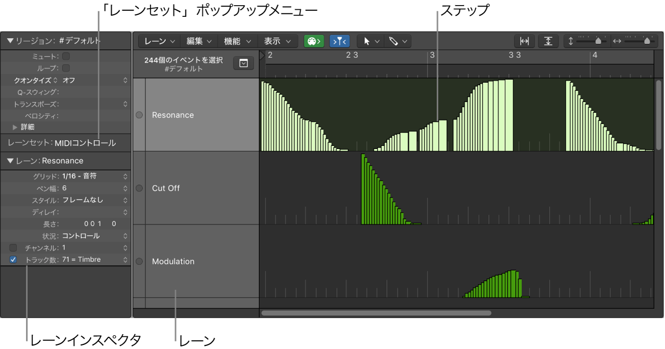 図。主要な要素が表示された「ステップエディタ」ウインドウ。