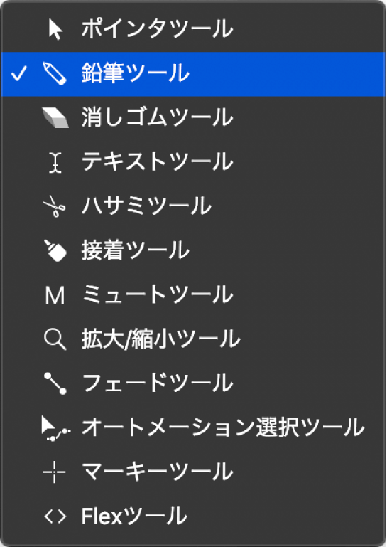 図。鉛筆ツールが選択された、ピアノ・ロール・エディタのツールメニュー。