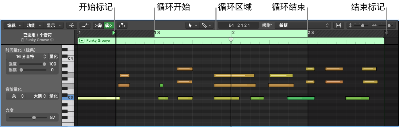 图。一个 MIDI 单元格在单元格编辑器中打开。