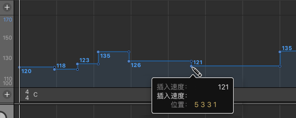 图。使用铅笔工具插入速度改变事件。