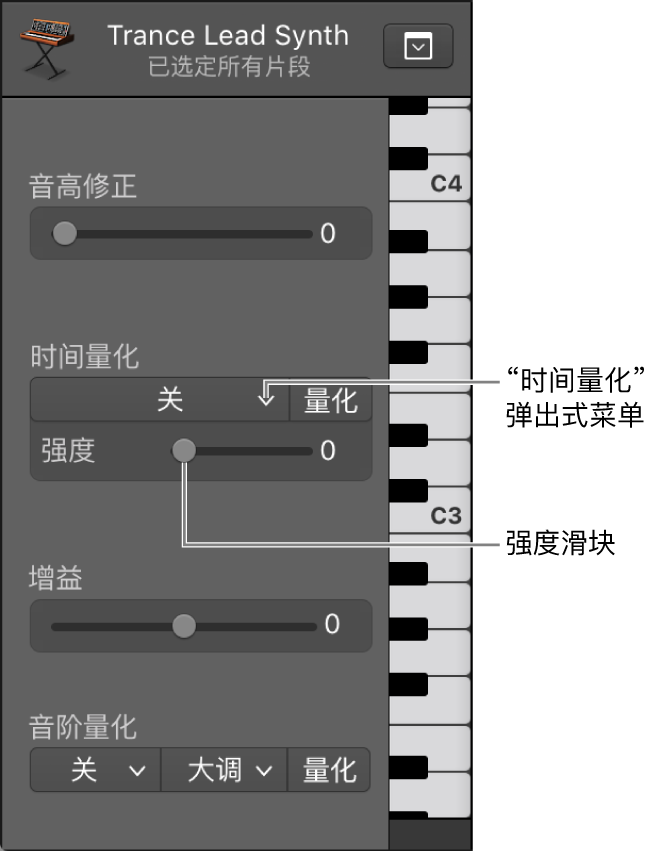 图。“时间量化”弹出式菜单和“强度”滑块。