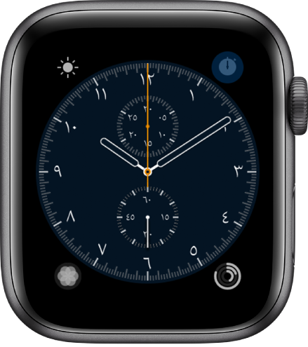 واجهة الساعة كرونوغراف، حيث يمكنك ضبط لون الواجهة وتفاصيل القرص. تعرض أربعة إضافات: الطقس في أعلى اليمين، وساعة الإيقاف في أعلى اليسار، والتنفس في أسفل اليمين، والنشاط في أسفل اليسار.