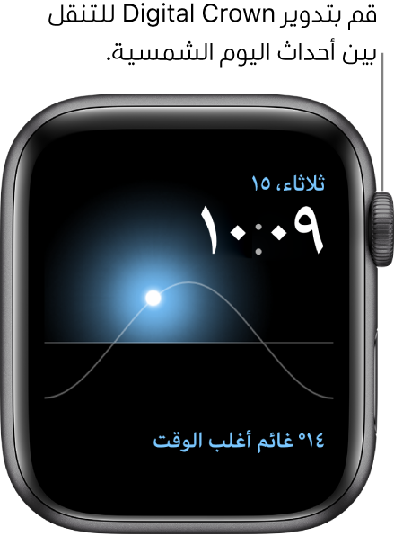 واجهة الساعة "شمسي" تعرض اليوم والتاريخ والوقت الحالي، وهذه البيانات لا يمكن تعديلها. تظهر إضافة الطقس في أسفل اليسار. قم بتدوير Digital Crown لنقل الشمس في السماء إلى موضع الغسق، الفجر، الزوال، الغروب، والظلام.