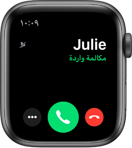 شاشة Apple Watch عند تلقي مكالمة: اسم المتصل وعبارة "مكالمة واردة" والزر رفض باللون الأحمر والزر رد باللون الأخضر وزر المزيد من الخيارات.