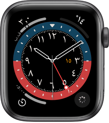 واجهة الساعة توقيت جرينتش، التي يمكنك فيها ضبط لون الواجهة. تعرض أربعة إضافات: أشعة فوق البنفسجية في أعلى اليمين، ودرجة الحرارة في أعلى اليسار، والمؤقت في أسفل اليمين، وتتبع الدورة في أسفل اليسار.