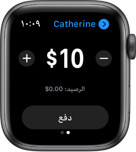 شاشة الرسائل تعرض عملية دفع قيد التحضير في Apple Cash. ويوجد مبلغ بالدولار في الجزء العلوي مع زري ناقص وزائد على الجانبين. ويظهر الرصيد الحالي أدناه، وزر دفع في الأسفل.