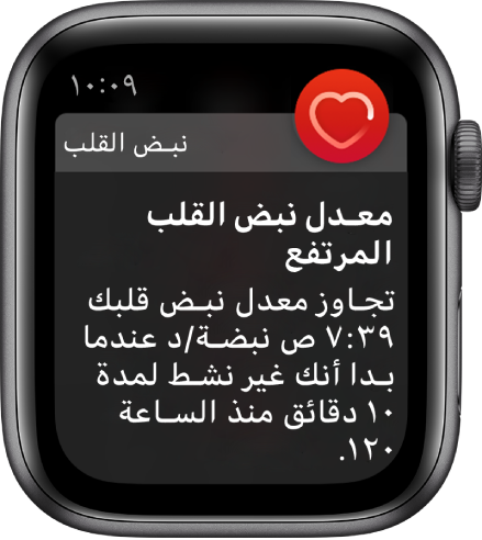 شاشة "معدل نبض القلب مرتفع" تظهر إشعارًا بارتفاع معدل نبض القلب إلى ١٢٠ نبضة/دقيقة بينما كنت غير نشط لمدة ١٠ دقائق.