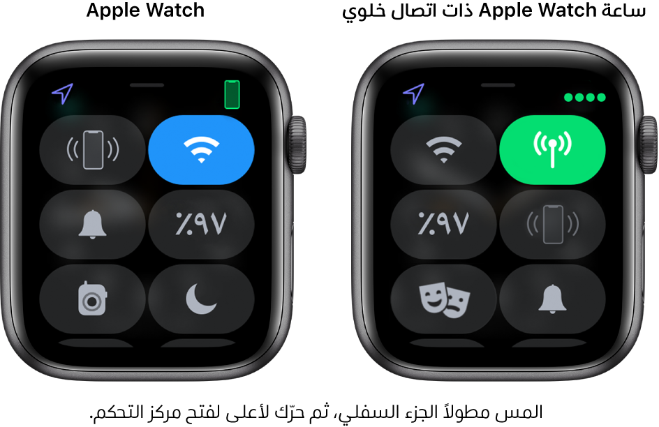 صورتان: Apple Watch بدون شبكة خلوية على اليمين، مع عرض مركز التحكم. يظهر زر Wi-Fi أعلى اليمين، وزر اختبار اتصال الـ iPhone أعلى اليسار، وزر النسبة المئوية للبطارية في منتصف اليمين، وزر نمط صامت في منتصف اليسار، وزر عدم الإزعاج أسفل اليمين، وزر ووكي توكي أسفل اليسار. الصورة اليمنى تعرض Apple Watch ذات اتصال خلوي. يظهر بمركز التحكم زر خلوي في أعلى اليمين، وزر Wi-Fi في أعلى اليسار، وزر اختبار اتصال الـ iPhone في منتصف اليمين، وزر النسبة المئوية للبطارية في منتصف اليسار، وزر نمط صامت في أسفل اليمين، وزر عدم الإزعاج في أسفل اليسار.