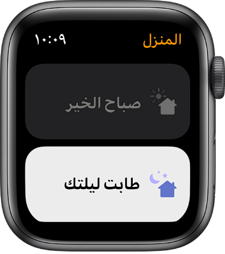 تطبيق المنزل على Apple Watch يعرض مشهدين، صباح الخير وطابت ليلتك. وقد تم تمييز مشهد طابت ليلتك.