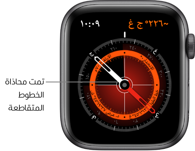 البوصلة على واجهة Apple Watch. يظهر التوجيه في أعلى اليمين. تعرض الدائرة الداخلية الارتفاع والانحدار وخط الطول ودائرة العرض. تظهر الخطوط المتقاطعة وتشير إلى الشمال والجنوب والشرق والغرب.
