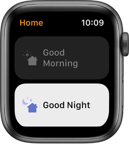 Приложението Home (Дом) на Apple Watch с показани два бързи клавиша—Good Morning (Добро утро) и Good Night (Добра вечер). Маркурано е Good Night (Добра вечер).