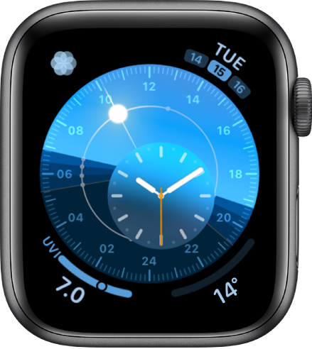 Циферблатът Solar Dial (Слънчев кръг) с кръгъл часовник, който показва положението на слънцето. Вътрешният кръг показва часа в аналогов формат. Показани са четири добавки: Breathe (Дишане) горе вляво, Date (Дата) горе вдясно, UV Index (UV индекс) долу вляво и Weather Temperature (Температура на въздуха) долу вдясно.