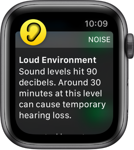 Apple Watch с показано известие за шум. Иконката за приложението, свързано с известието, се показва в горния ляв ъгъл. Можете да я докоснете, за да отворите приложението.