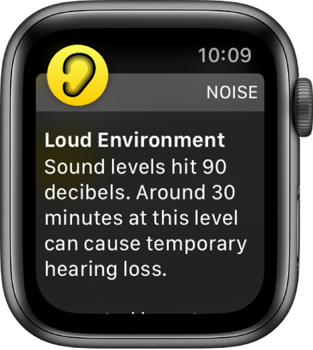 Екранът Noise (Шум), показващ сила на шума 90 dB. Отдолу се появява съобщение, предупреждаващо за продължително излагане на шум с тази сила.