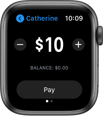 Екран за съобщения, показващ, че се подготвя плащане с Apple Cash (Apple пари в брой). В горния край е сумата в долари с бутони плюс и минус от всяка страна. Отдолу е текущият баланс, а бутонът Pay (Плащане) е в долния край.