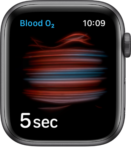 Екранът Blood Oxygen (Кислород в кръвта), в процес на измерване, с броене от 5.