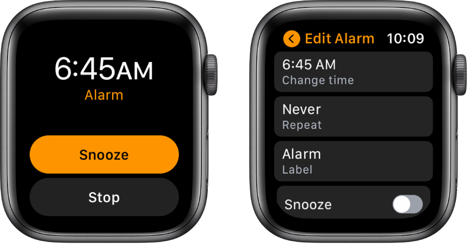 Два екрана на часовник: Единият показва циферблат с бутони Snooze (Дрямка) и Stop (Стоп), а другият показва настройките Edit Alarm (Редактиране на аларма) с бутоните Change time (Промяна на часа), Repeat (Повторение) и Alarm (Аларма) в долния край. Бутонът Snooze (Дрямка) е долу вдясно. Бутонът Snooze (Дрямка) е изключен.
