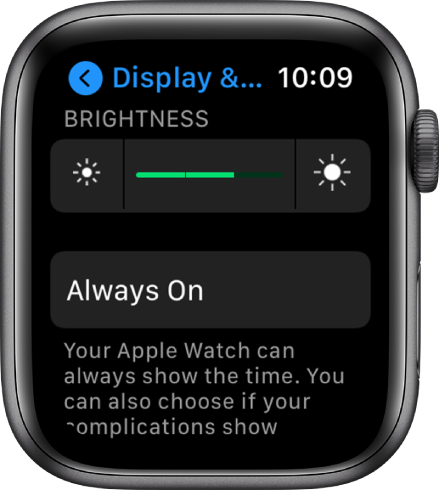 Настройките за яркост на Apple Watch, с плъзгача Brightness (Яркост) в горния край и бутона Always On (Винаги включено) отдолу.