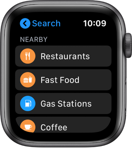 Приложението Карти, показващо списък с категории: Restaurants (Ресторанти), Fast Food (Бързо хранене), Gas Stations (Бензиностанции), Coffee (Кафенета) и други