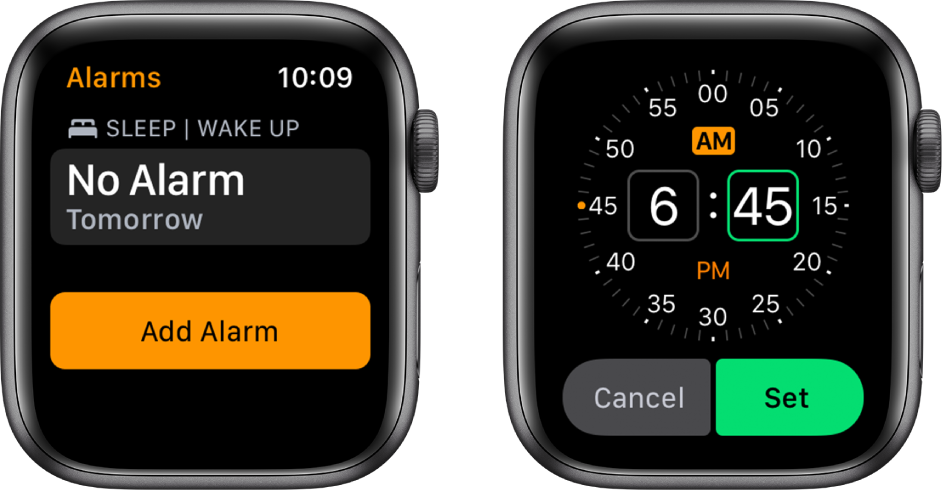 Два екрана на часовник, показващи процеса на добавяне на аларма. Докоснете Add Alarm (Добави аларма), докоснете AM или PM, завъртете коронката Digital Crown, за да настроите часа, след това докоснете Set (Настрой).