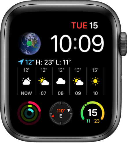 Циферблатът Infograph Modular (Инфограф модулен), показващ множество добавки, добавката Earth (Земя) е горе вляво, Weather (Прогноза за времето) заема средата на циферблата, а в долния край има три допълнителни добавки: Activity (Активност), Compass (Компас) и Weather Temperature (Температура на въздуха).