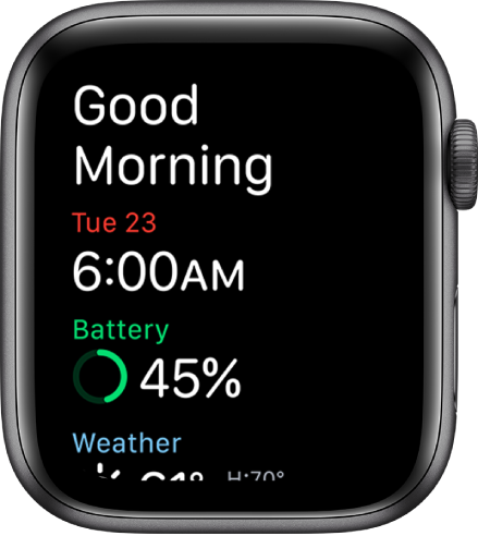 Apple Watch, показващ екрана за събуждане. В горния край се появяват думите Good Morning (Добро утро). Датата, часа, процента заряд на батерията и прогнозата за времето са отдолу.