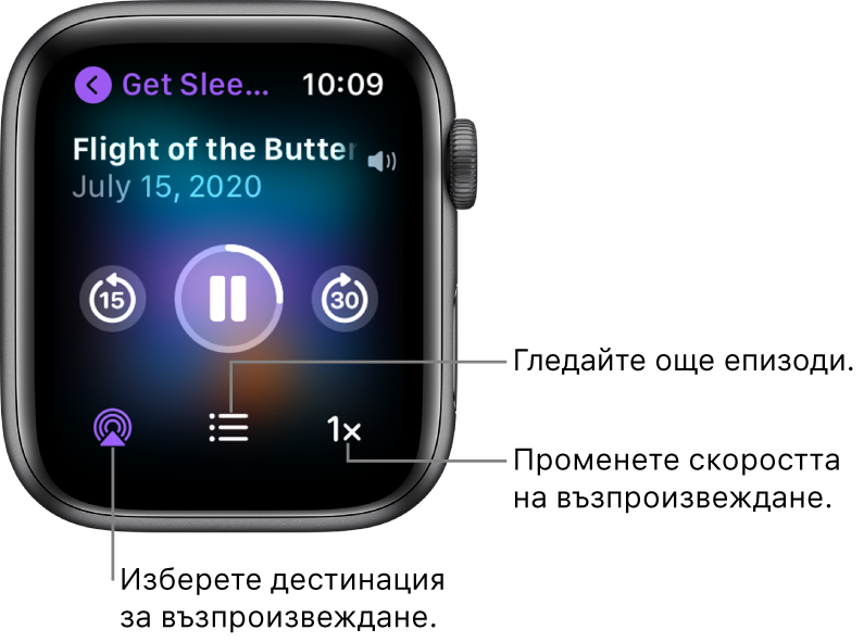 Екран Now Playing (Сега се изпълнява) на Podcasts (Подкасти), показващ заглавието на програмата, заглавието на епизода, датата, бутона за преминаване назад с 15 секунди, бутона пауза, бутона за преминаване напред с 30 секунди, бутона AirPlay, бутона за епизодите и бутона за скорост на възпроизвеждане.