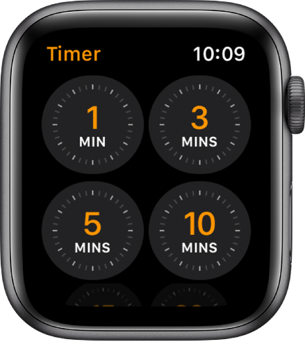 Екранът на приложението Timer (Таймер), показващ бързи таймри за 1, 3, 5 или 10 минути.