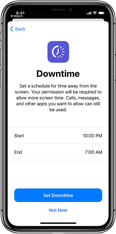 iPhone, показващ екрана за настройка на Downtime (Време за покой). Изберете начален и краен час в центъра на екрана. В долния край на екрана са бутоните Set Downtime (Настройка на време за покой) и Not Now (Не сега).