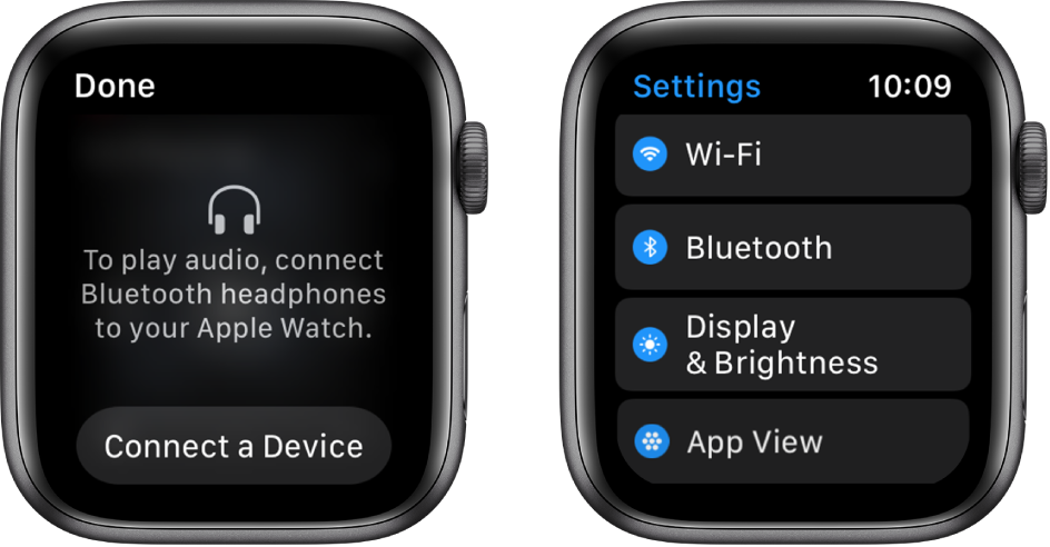Два екрана един до друг. Вляво е екран с подкана за свързване на слушалки Bluetooth към вашия Apple Watch. В долния край има бутон Connect a Device (Свързване на устройство). Вдясно е екранът Settings (Настройки), показващ в списък бутоните Wi-Fi, Bluetooth, Brightness & Text Size (Яркост и размер на текста) и App View (Изглед за приложения).
