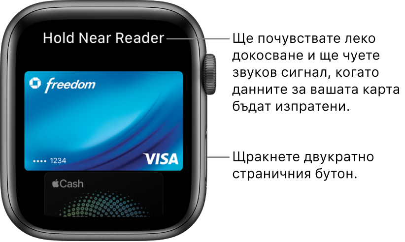 Екран на Apple Pay с „Hold Near Reader“ (Задръжте близо до четеца) в горния край; чувствате леко докосване и чувате звуков сигнал при изпращане на данните на картата.