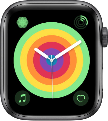 Циферблат Pride Analog (Аналогов прайд), който използва стил Circular (Пръстен). Показани са четири добавки: Breathe (Дишане) горе вляво, Activity (Активност) горе вдясно, Music (Музика) долу вляво и Heart Rate (Сърдечен ритъм) долу вдясно.