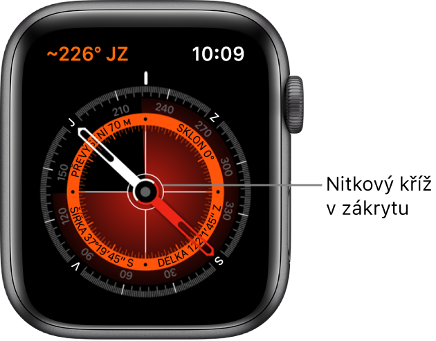 Kompas na ciferníku Apple Watch s azimutem vlevo nahoře. Ve vnitřním kruhu se zobrazuje nadmořská výška, sklon a zeměpisná šířka a délka. Ramena nitkového kříže ukazují na sever, jih, východ a západ.