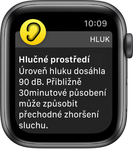 Oznámení aplikace Hluk s informací o překročení hladiny hluku 90 decibelů. Pod ní je uvedeno varování před dlouhodobým působením zvuku na této hladině hlasitosti.