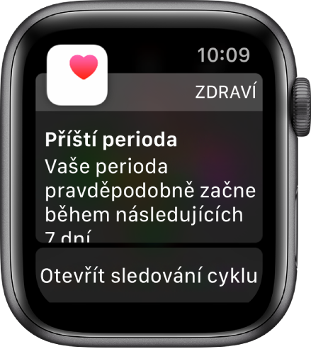 Apple Watch s obrazovkou předpovědi cyklu, na níž je uvedený text: „Příští perioda. Vaše perioda pravděpodobně začne během následujících 7 dní.“ Dole se nachází tlačítko Otevřít sledování cyklu.