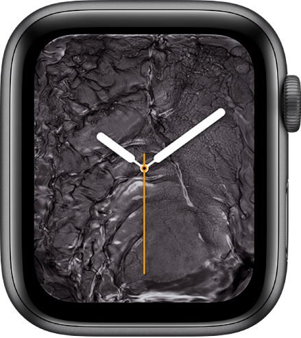 Ciferník Tekutý kov zobrazující ručičkové hodinky uprostřed a tekutý kov okolo