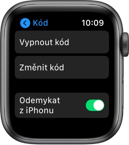 Nastavení přístupového kódu na Apple Watch s tlačítkem „Vypnout kód“ nahoře, tlačítkem „Změnit kód“ pod ním a přepínačem „Odemykat z iPhonu“ dole