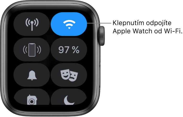 Ovládací centrum na Apple Watch (GPS + mobilní data) s tlačítkem Wi‑Fi vpravo nahoře Popisek s textem „Klepnutím se odpojíte od Wi‑Fi“