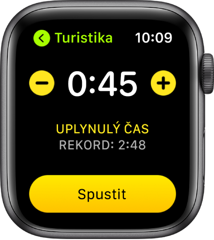 Obrazovka cíle s časovým údajem v horní části, tlačítky – a + po stranách a tlačítkem Spustit dole.