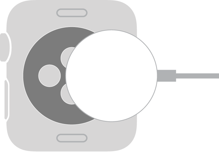 Vydutá strana magnetického nabíjecího kabelu pro Apple Watch se přichytí k zadní straně hodinek Apple Watch magneticky.