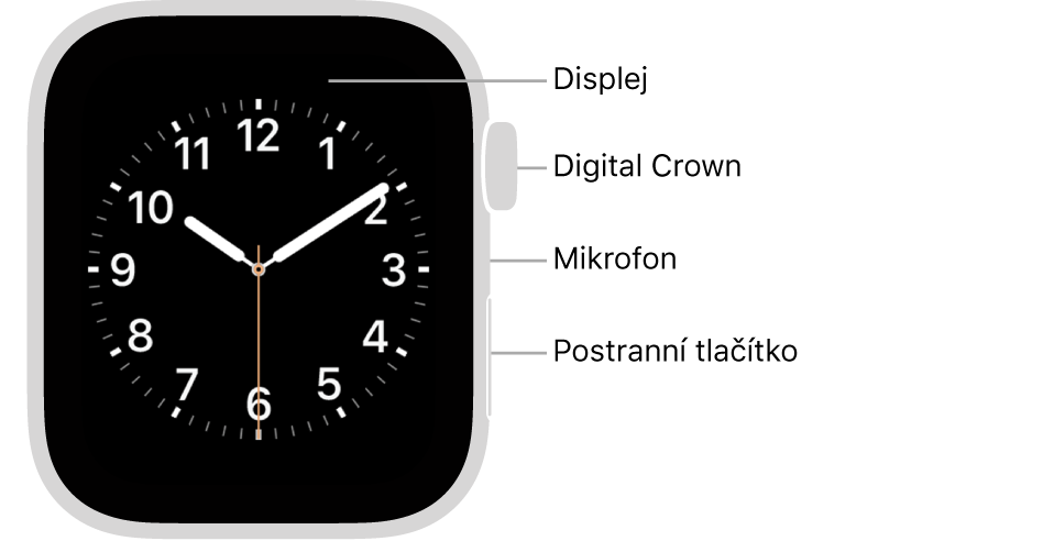 Přední strana hodinek Apple Watch Series 6: na displeji je zobrazen ciferník a na boku se shora dolů nachází korunka Digital Crown, mikrofon a postranní tlačítko.